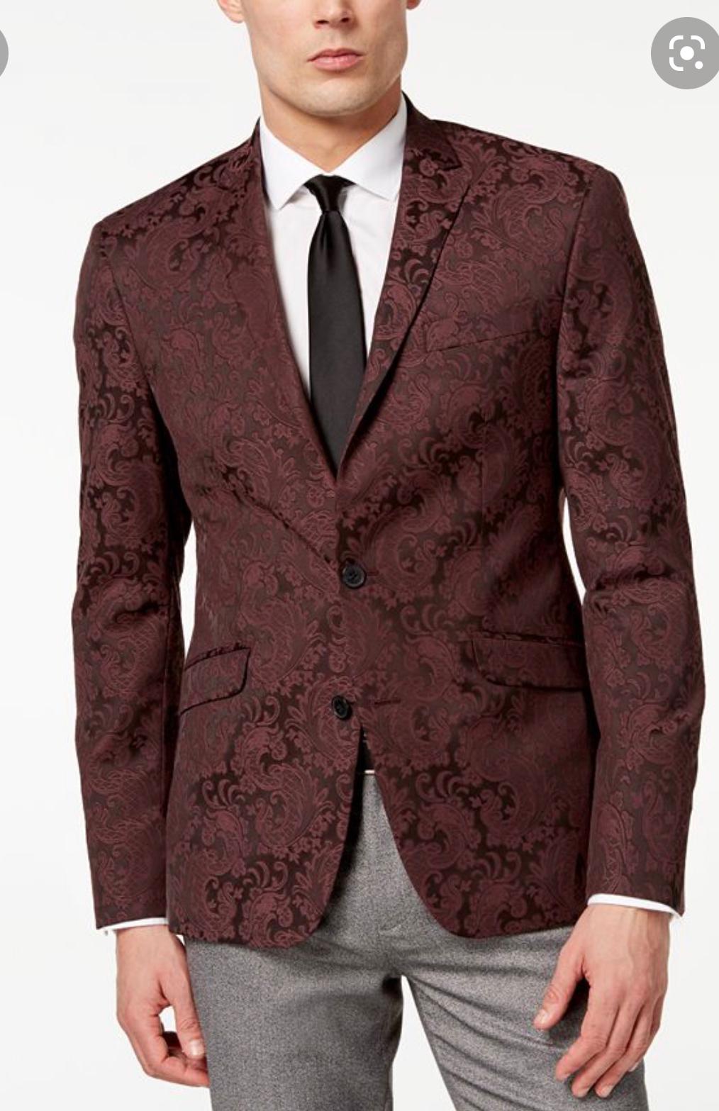 Mens Burgundy Paisley Blazer Sport Coat  Velvet Dinner Jacket floral in Maroon Wine Color Ultra Slim Fit Smoking Jacket