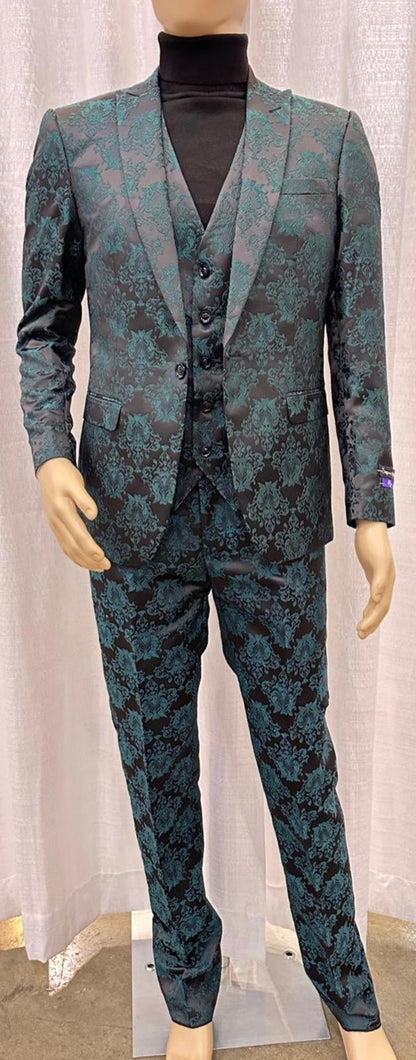 Mens Emerald Green Floral Jacquard 3-Piece Tuxedo Suit  Slim Fit Formal Set with Blazer, Vest, and Pants Paisley Fabric - Ultra slim fitted