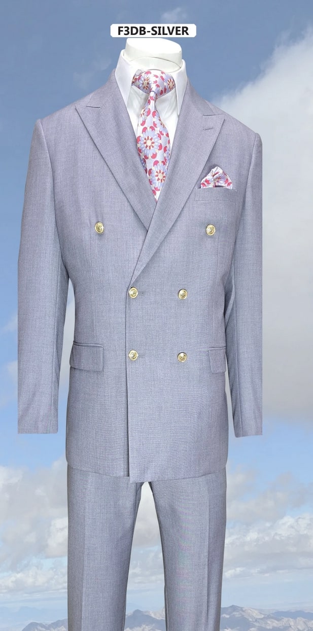 Mens Silver Grey Double-Breasted 3-Piece Suit  Classic Tailored Fit with Peak Lapel and Gold Buttons for Weddings, Church and Formal Events