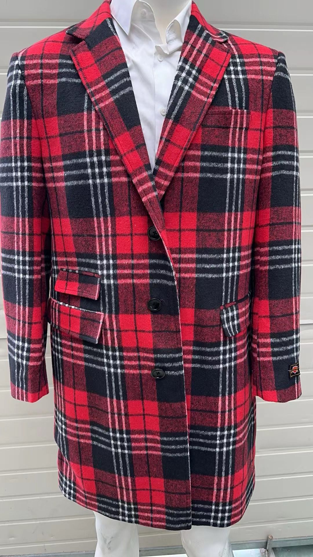 Mens Red Plaid Wool Overcoat  Classic Tartan Check Long Coat for Stylish Winter Wear