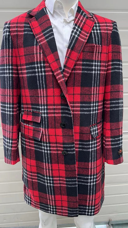 Mens Red Plaid Wool Overcoat  Classic Tartan Check Long Coat for Stylish Winter Wear