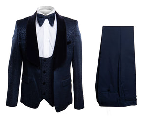 Mens Navy Blue Jacquard Tuxedo with Black Velvet Shawl Lapel  3 Piece Formal Suit with Bow Tie