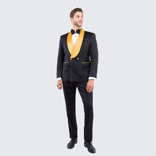 Mens Black and Gold Jacquard Tuxedo Suit  Luxury Slim Fit Formal Wedding, Prom, and Gala Outfit