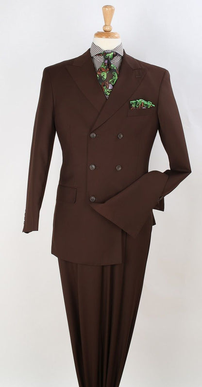 Men’s 6 on 3 Style Brown Double Breasted Suit with Wide Leg Pleated Pants, Classic Formal 2 Piece Dress Suit Set