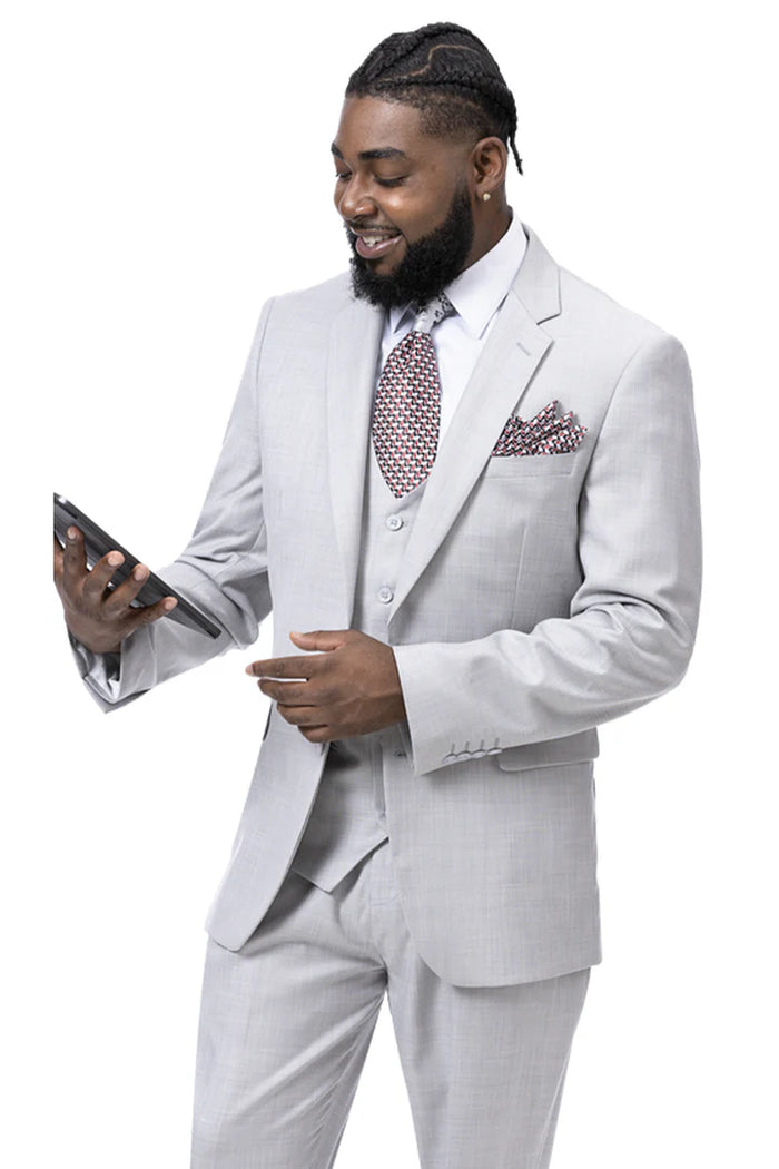 Mens Very Light Gray Three-Piece  Wedding Suit 2 Buttons Modern or Slim Fit  Ash Bone Color Steel Grey