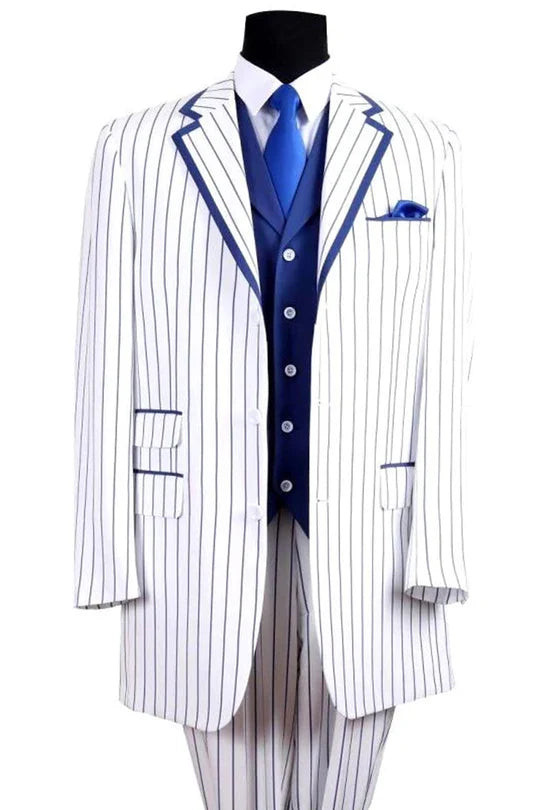 Mens White and Royal Blue Pinstripe 3-Piece Suit  Classic Fit Blazer with Vest, Pants, and Tie