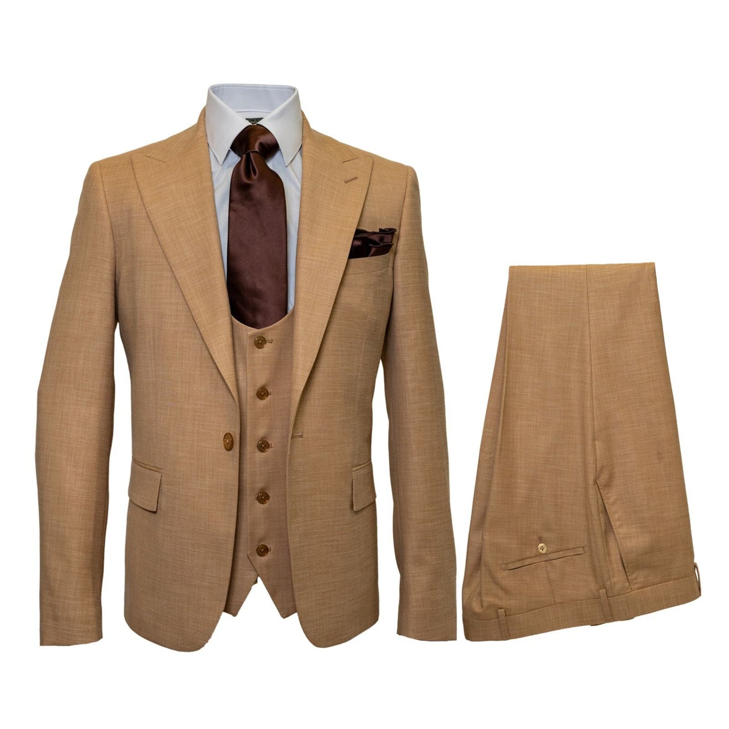 Men's Tan Three-Piece Suit with Vest  Classic Tailored Fit  in camel khaki Bronze color By Rossiman