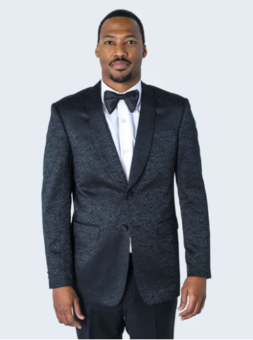 Mens Black Textured Paisley floral Tuxedo Suit  Premium Slim Fit Formal Wedding, Prom, with Bowtie