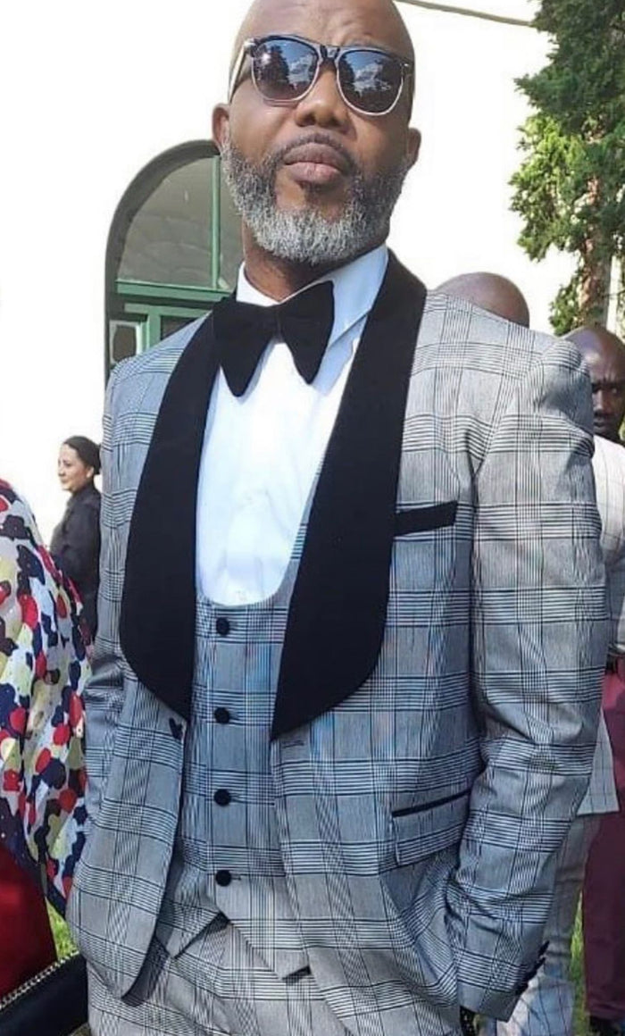 Men's Black and White Plaid Tuxedo  3 Piece Suit with Black Velvet Shawl Lapel - Gray Glein Tartan Pattern Wedding Suit