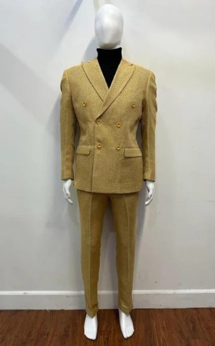 Mens Gold Double Breasted Suit  Classic 1920s Camel Color Formal Slim Fit Suit