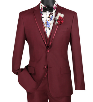 Men’s Burgundy Western Tuxedo Suit, 3 Piece Cowboy Formal Wedding Prom Suit with Satin Trim