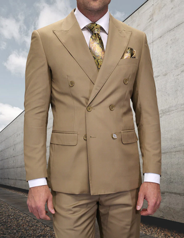 Men’s Statement Brand Caramel Khaki Double Breasted Wool Suit, Designer Formal Business Suit Set Wool Suit in Camel Color