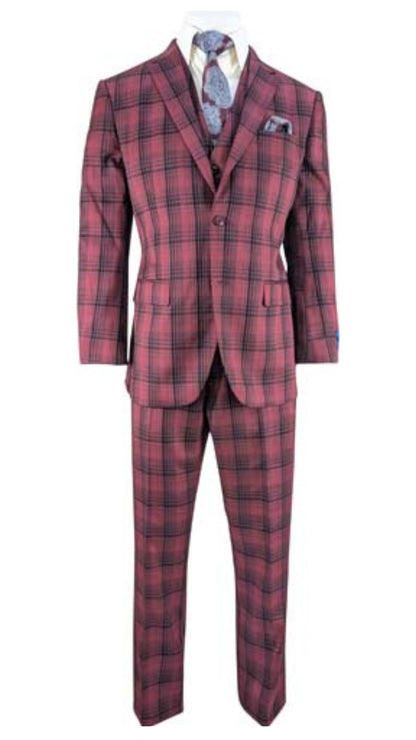 Mens Red Burgundy Plaid 3-Piece Suit  Classic Checkered Modern Fit Suit for Weddings, Church and Formal Events