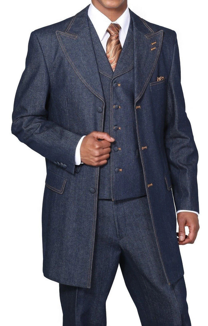 Mens Cotton Denim Three-Piece Suit  Modern Blazer Denim Suit with Vest and Trousers Pleated Pants Classic Fit