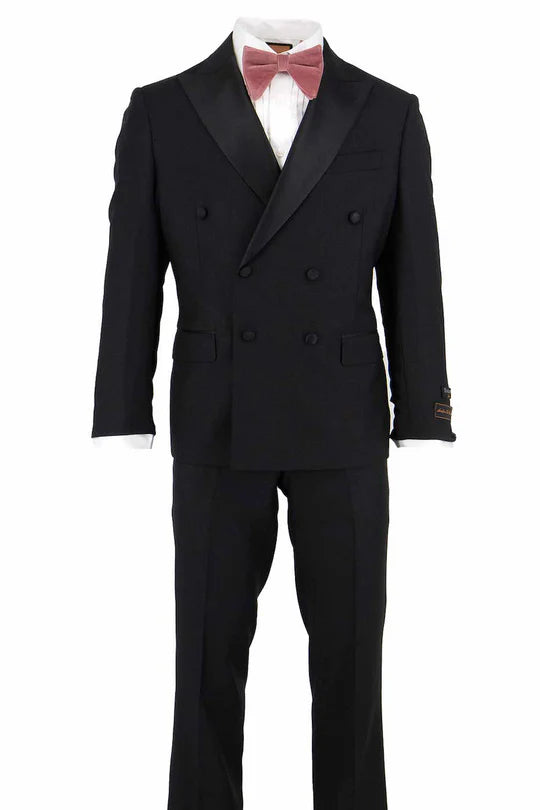 Tiglio Brand 100% Wool Super 150s Italian fabric Mens Classic Black Double-Breasted Tuxedo with Satin Peak Lapel  Formal Wedding & Gala Suit Set