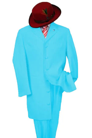Mens Sky Blue Long Zoot Suit  Classic 2-Piece Vintage Fashion Set with Long Coat and Pants  Vest in light Blue Color