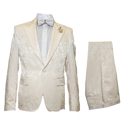 Mens Champaign Ivory  Jacquard Paisley Tuxedo Suit with Satin Shawl Lapel  Elegant Wedding and Prom Outfit By Rossiman