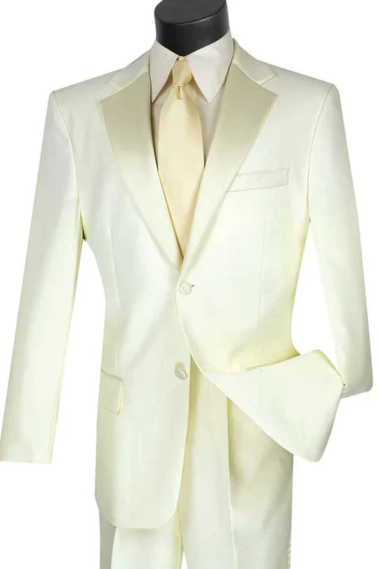 Mens Ivory Tuxedo Suit with Satin Notch Lapel  Formal Wedding and Evening Wear Suit in Cream Off White Color