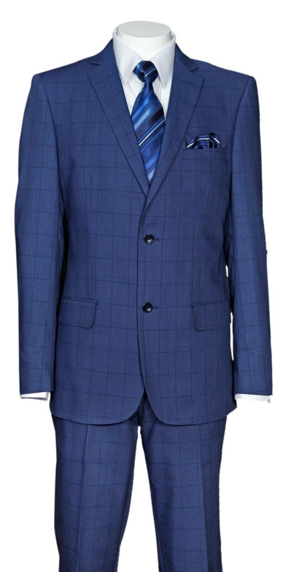 Mens Indigo Navy Blue Windowpane Check Suit  Classic 2-Piece Formal Business and Wedding Wear Set in Cobalt Blue