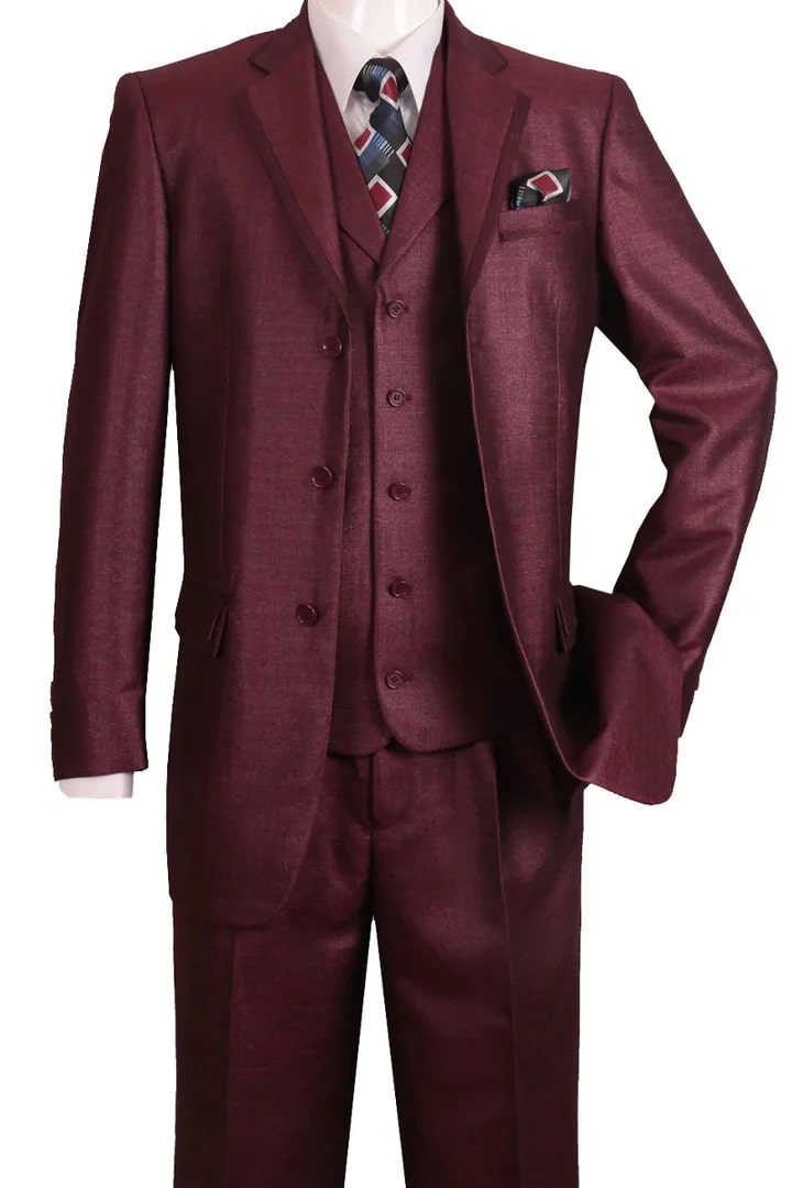 Mens Burgundy 3-Piece Suit  Burgundy Three Buttons Vested Suit - Pleated Pants Classic Fit Athletic Cut