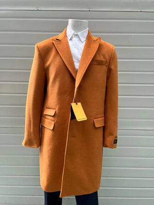 Mens Orange - Rust Wool Blend Long Overcoat  Topcoat Carcoat Topcoat