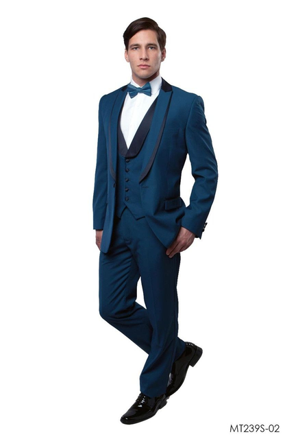 Mens Teal Blue Tuxedo  3-Piece Formal Suit with Satin Shawl Lapel, Vest, and Pants in Saphire Cobalt Blue Color