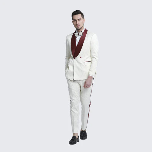 Mens Ivory and Burgundy Jacquard Tuxedo Suit  Luxury Slim Fit 3-Piece Formal Wedding, Prom, and Gala Outfit in Cream Off White Color