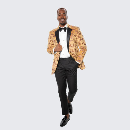 Mens Yellow Gold Baroque Pattern Tuxedo Blazer Suit  Party and Wedding Jacket Prom Paisley Black Pants