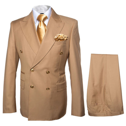 Mens Camel - Bronze - Goldish khaki Double-Breasted Suit  Luxury 2-Piece Formal Set with Gold Buttons and Peak Lapels by Rossi Man