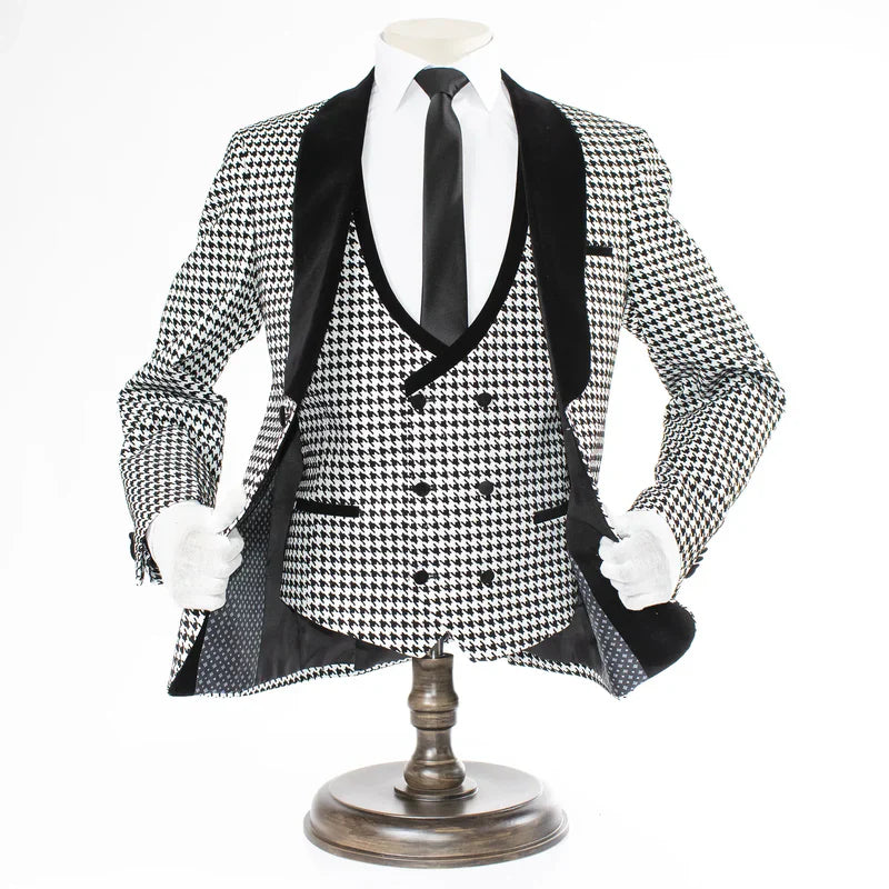 Mens Black and White Houndstooth Tuxedo Set with Velvet Shawl Lapel | 3-Piece Formal Suit with Double-Breasted Vest