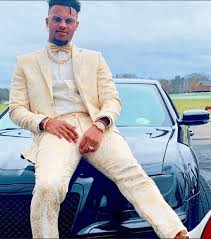 Mens 2 Button White with Gold Foil Floral Paisley Prom and Wedding Tuxedo