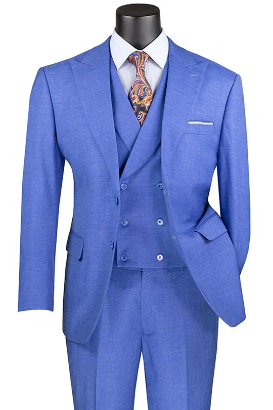 Mens Light Blue Double-Breasted 3-Piece Suit Set  Tailored Fit Formal Business Suit in Steel Blue Sky Blue Color