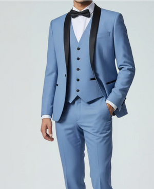 Men’s Powder Blue 3 Piece Tuxedo Suit – Light Blue Shawl Lapel Wedding Prom Suit with Vest