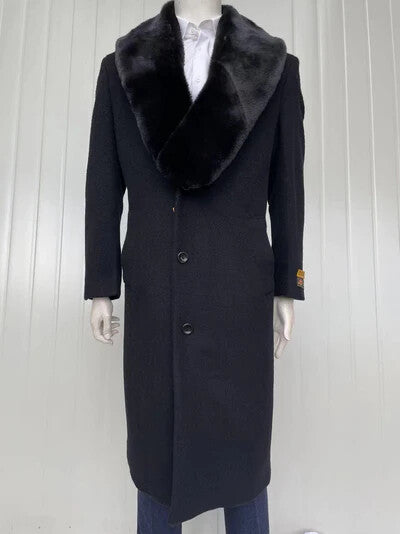Men’s Black Long Overcoat with Faux Fur Collar, Full Length Winter Topcoat for Formal and Business Wear