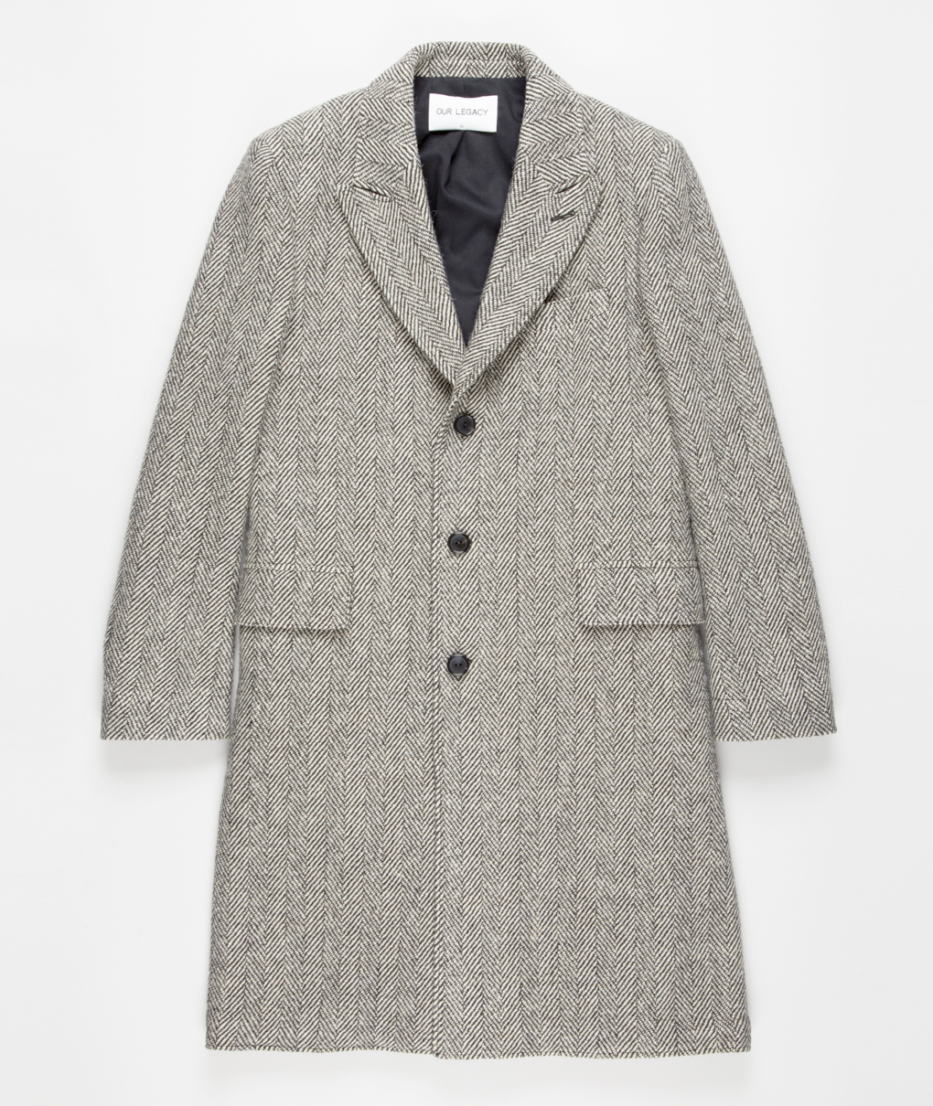 Mens Grey Herringbone Long Overcoat  Tweed Black and White Pattern Wool Topcoat Three Qaurter