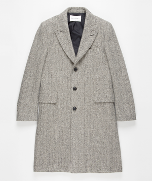 Mens Grey Herringbone Long Overcoat  Tweed Black and White Pattern Wool Topcoat Three Qaurter