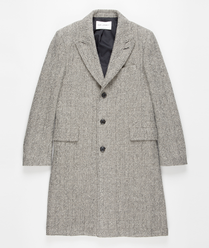Mens Grey Herringbone Long Overcoat  Tweed Black and White Pattern Wool Topcoat Three Qaurter