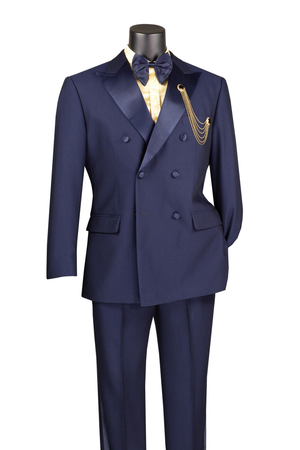 Mens Navy Blue Double-Breasted Tuxedo with navy Satin Peak Lapel Wedding Suit