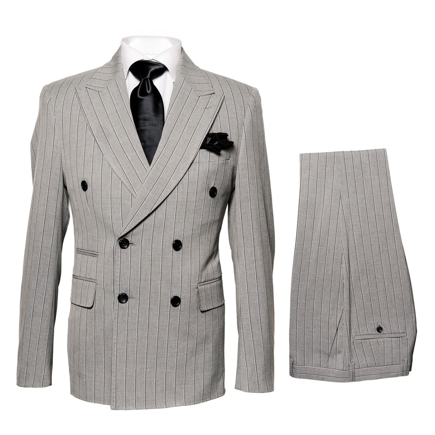 Mens Grey and Black Pinstripe Double-Breasted Suit  1920s Gangster Vintage Looking suit By Rossiman