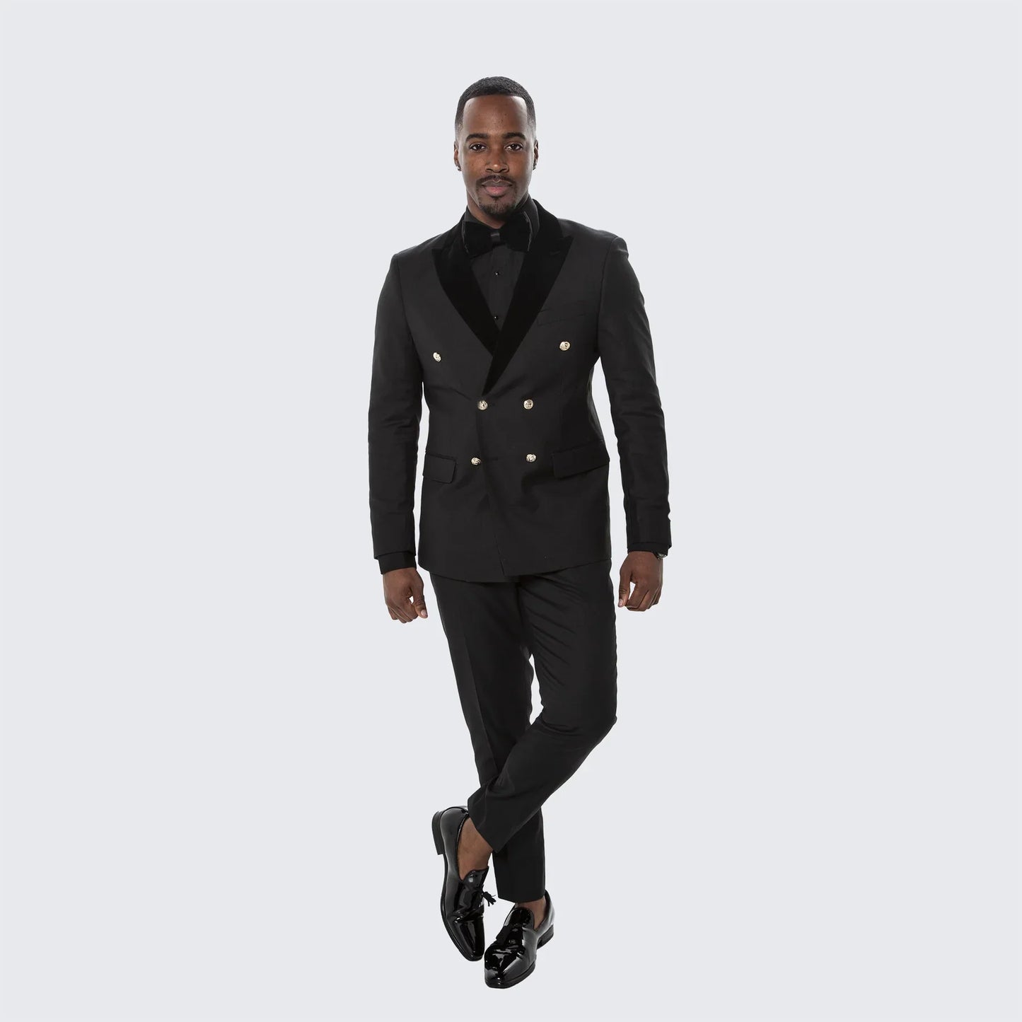 Mens Black Double Breasted Tuxedo Suit  Luxury Formal Dinner Jacket Gold Buttons Velvet Lapel