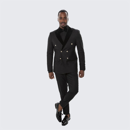 Mens Black Double Breasted Tuxedo Suit  Luxury Formal Dinner Jacket Gold Buttons Velvet Lapel