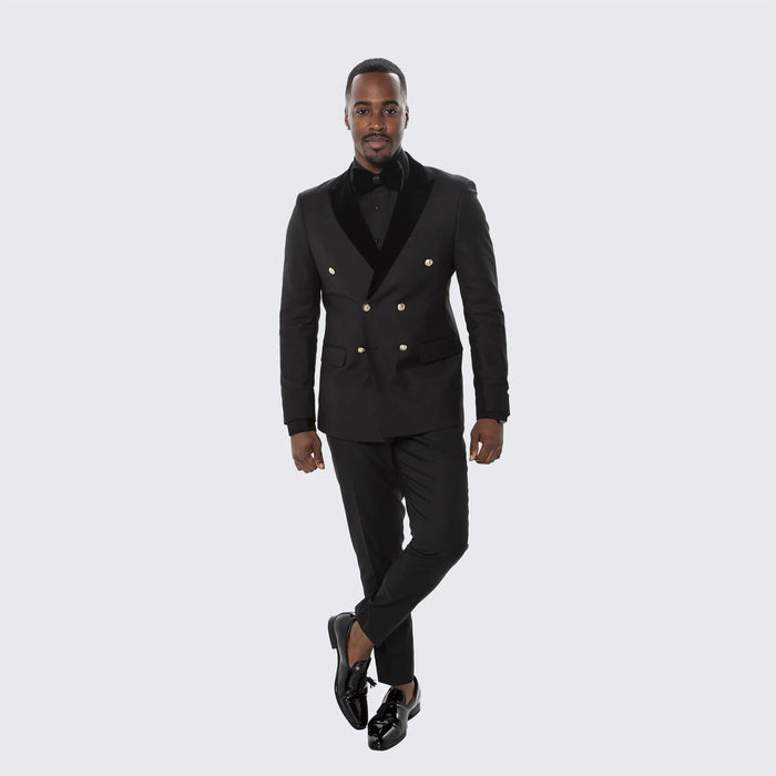 Men's Black Double Breasted Tuxedo Suit - Luxury Formal Dinner Jacket Gold Buttons Velvet Lapel