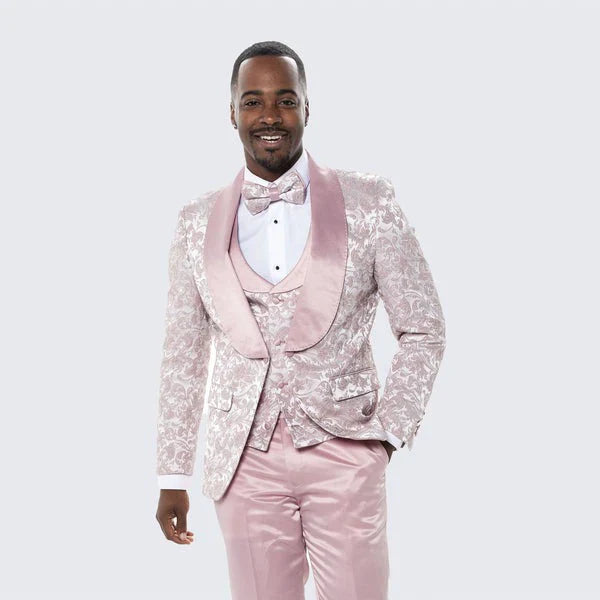 Mens Light Pink Dusty Rose -  Floral Tuxedo Suit  Luxury Satin Shawl Lapel 3-Piece Formal Wedding and Prom Suit in Blush Mauve color