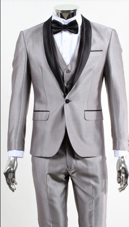 Men’s Silver Shiny Tuxedo 3 Piece Suit with Black Shawl Lapel | Formal Wedding Prom Suit Set Sharkskin Fabric Slim Fit