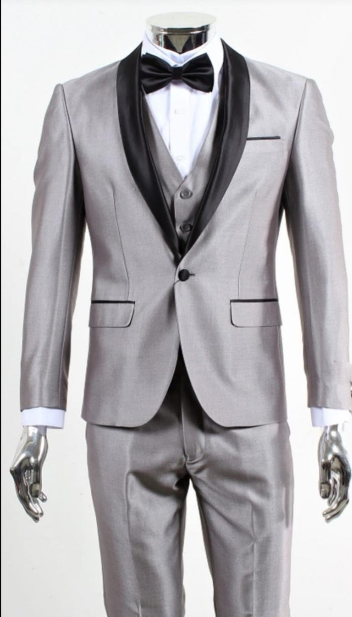 Men’s Silver Shiny Tuxedo 3 Piece Suit with Black Shawl Lapel | Formal Wedding Prom Suit Set Sharkskin Fabric Slim Fit