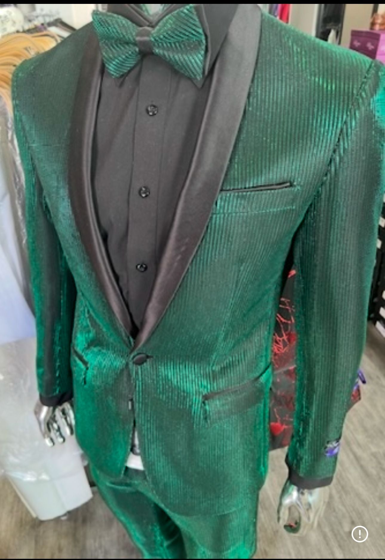 Men's Emerald Green Shiny Tuxedo with Black Satin Lapel and Matching Bow Tie  Ultra Slim Fit
