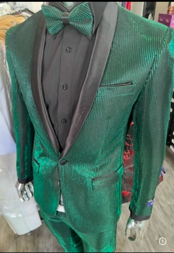 Men's Emerald Green Shiny Tuxedo with Black Satin Lapel and Matching Bow Tie  Ultra Slim Fit