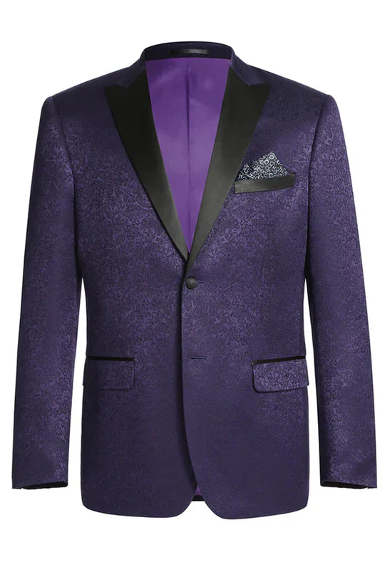 Mens Purple Paisley Tuxedo Jacket  Ultra Slim Fit Dinner Blazer with Black Satin Peak Lapel