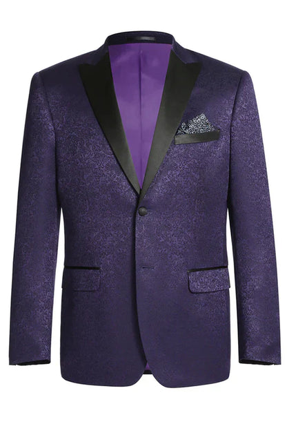 Mens Purple Paisley Tuxedo Jacket  Ultra Slim Fit Dinner Blazer with Black Satin Peak Lapel