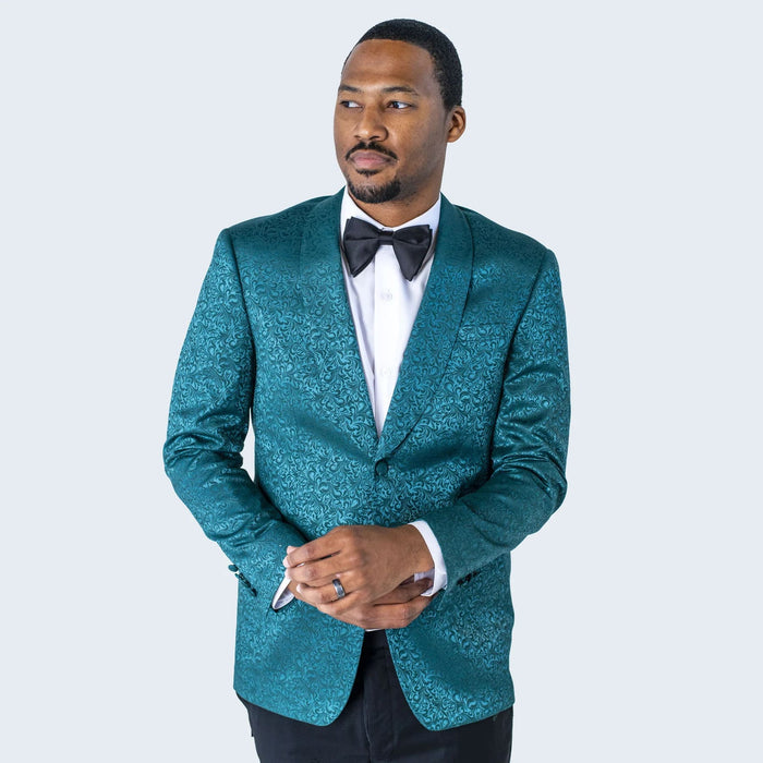 Mens Teal Blue Paisley Tuxedo Jacket  Elegant Shawl Lapel Dinner Blazer for Weddings, Prom and Formal Events - Greenish Blue
